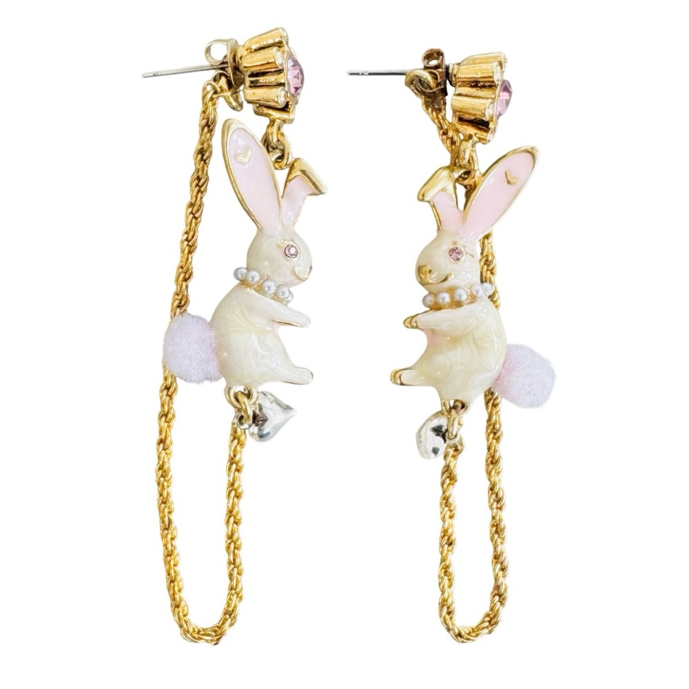Betsey Johnson Ski Bunny Earrings Rare Vintage Jewelry Set Pink Gold Drop Studs